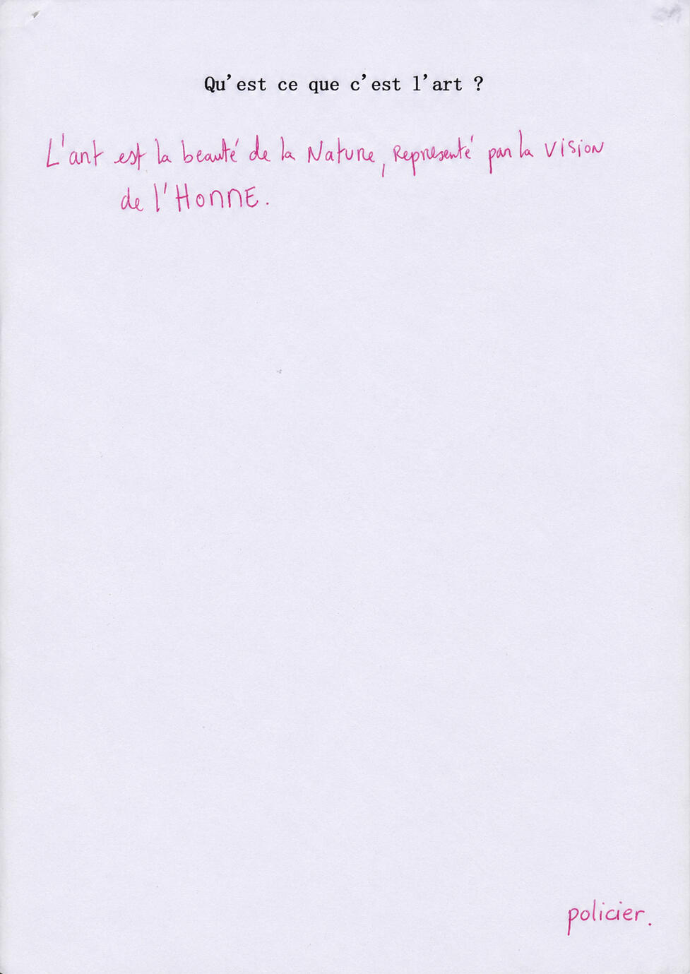 Qu’est ce que (c’est) l’art ? Questionner 100 fois dans l’espace public, rencontres, échanges, dessins et écrits, 2012.
