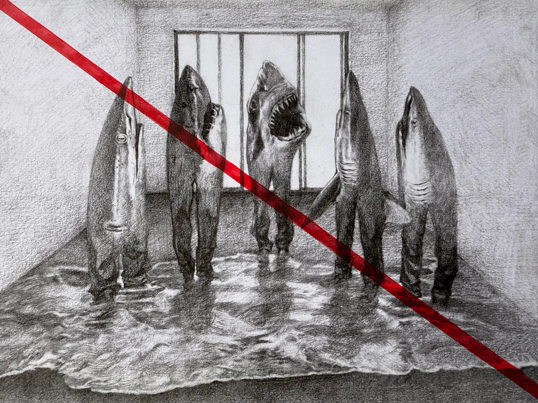 Rejeter, crayon à papier et feutre rouge, série de dessins, 2012.